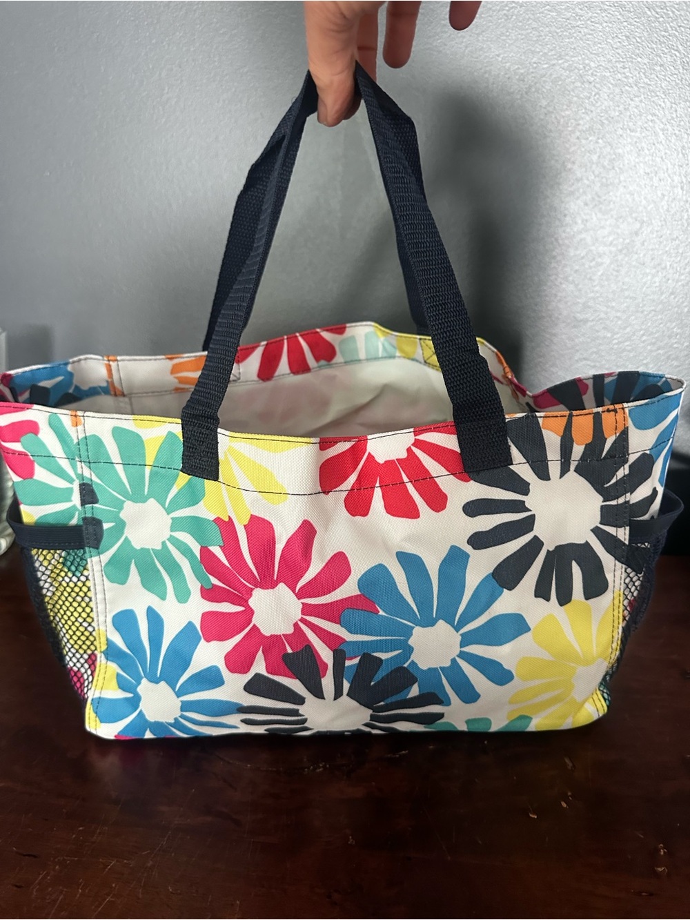 NWOT Thirty One Floral Multi-Color Canvas Tote Bag with Navy Handles